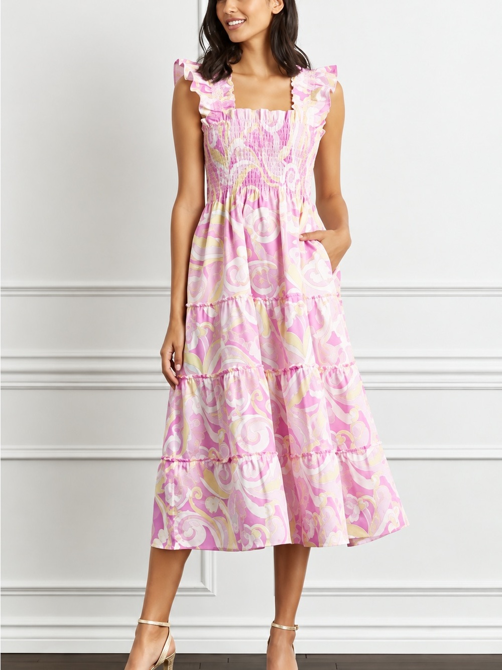 HILLHOUSE Ellie Nap Dress in Pink Swirl Linen size Large